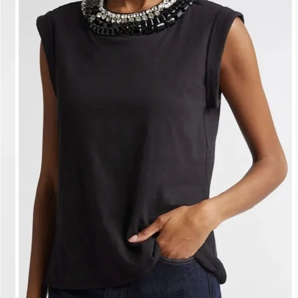 NWT Cinq a Sept Bella Rhinestone Embellished Black Sleeveless Top - Picture 2 of 3